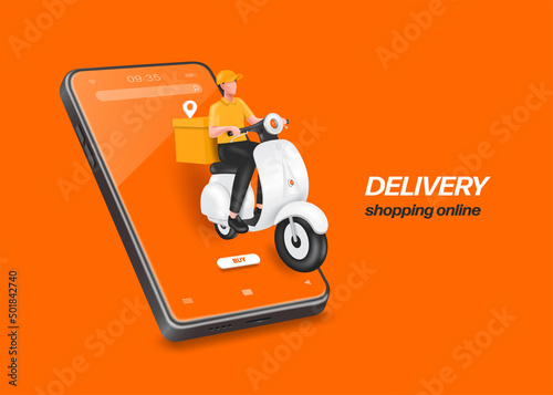 Male food delivery man in yellow uniform sits on scooter or motorcycle with a box and pin location in the back and all place on smart screen,vector 3d character for online shopping and delivery design