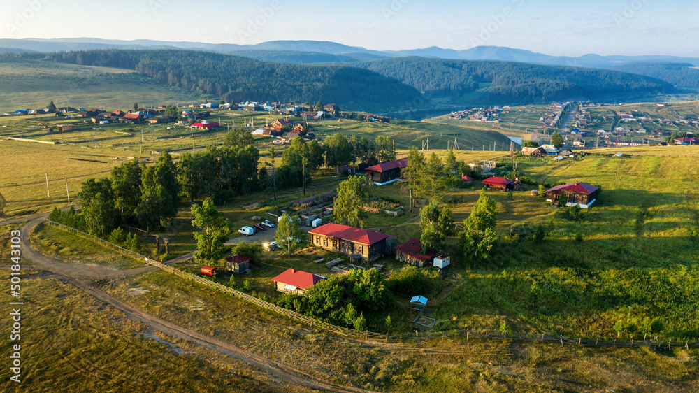 Southern Urals, Bashkortostan, Kaga village. Aerial view.