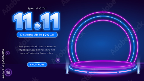 11.11 neon podium banner sale modern background