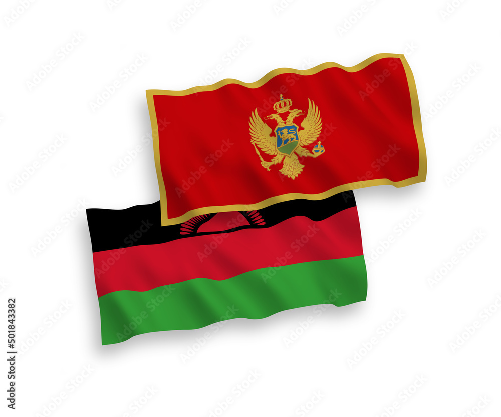 National vector fabric wave flags of Montenegro and Malawi isolated on white background. 1 to 2 proportion.