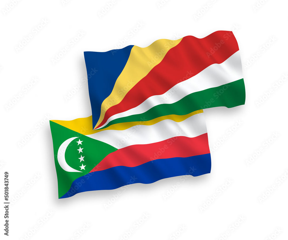National vector fabric wave flags of Union of the Comoros and Seychelles isolated on white background. 1 to 2 proportion. National vector fabric wave flags of Union of the Comoros and Seychelles isolated on white background. 1 to 2 proportion.