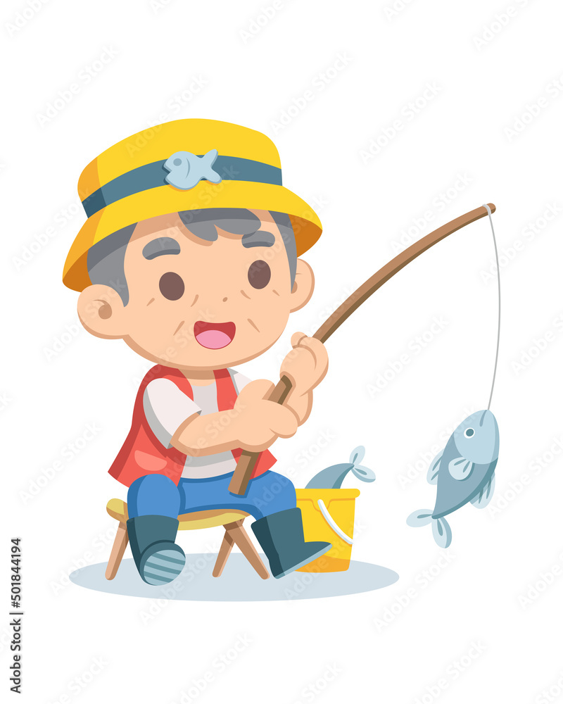 Cute style old fisherman cartoon illustration