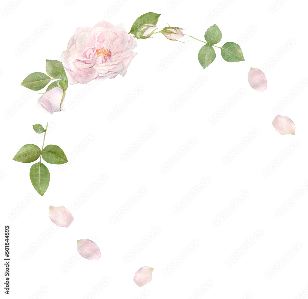 Hand drawn watercolor wreath with pink rose flowers Hand drawn watercolor wreath with pink rose flowers