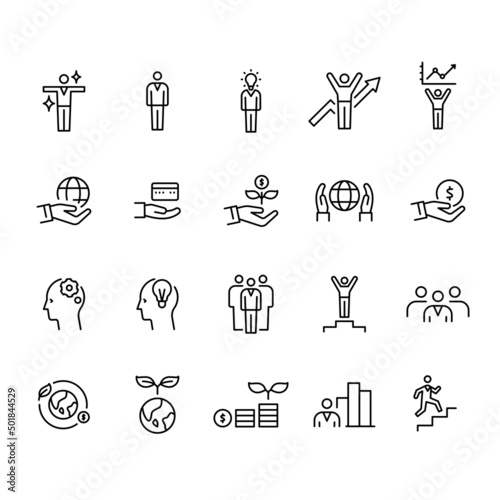 ESG concept. Environmental, social, and corporate governance related editable stroke outline icons set 