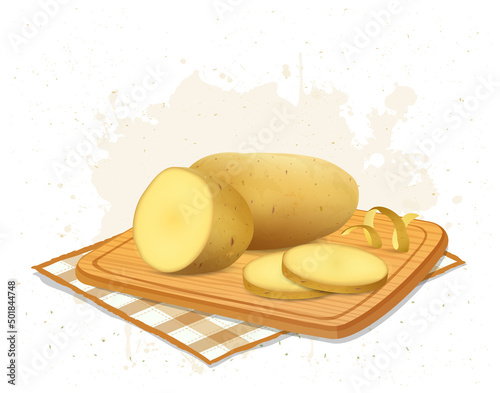 Vector illustration of Potato on wooden chopping board with potato slices