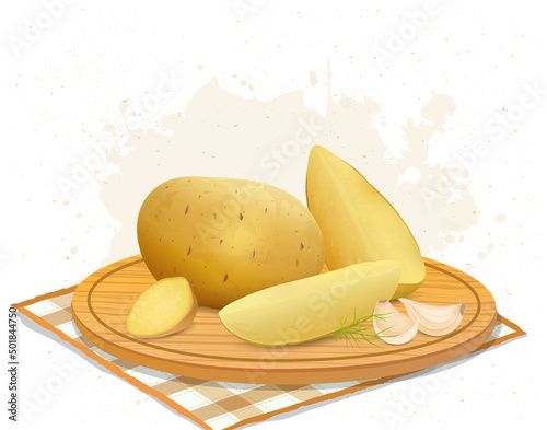 Potatoes vector illustration with potato slices on a round wooden chopping board with garlic cloves