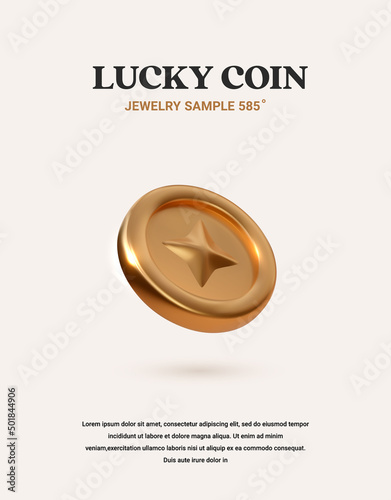 3d vector golden coin on the light background. Isolated gold three-dimensional money with sample text