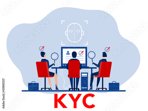 KYC or know your customer with business verifying the identity of its clients concept at the partners-to-be through a magnifying glass vector illustrator