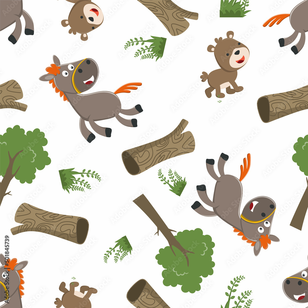 Seamless pattern of Happy horse and bear cartoon in the farm, funny ...