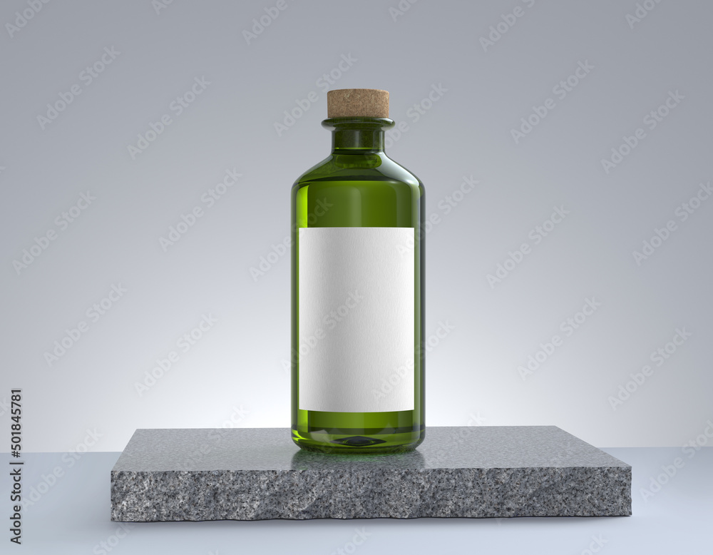 Green olive oil gin glass bottle with plain white empty branding label ...
