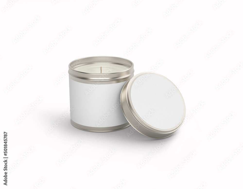 White plain empty label of candle inside tin metallic jar with label on cap on isolated background White plain empty label of candle inside tin metallic jar with label on cap on isolated background