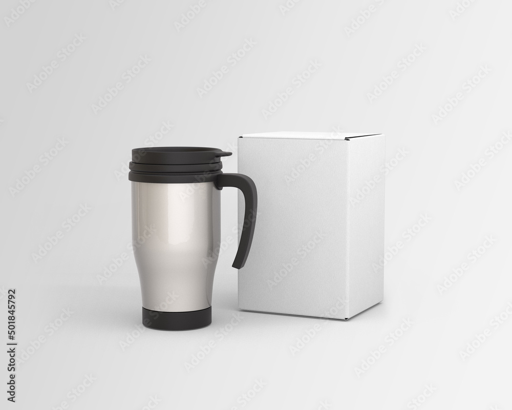 Metallic steel blank empty coffee car thermos tumbler portable mug with white blank empty paper box on isolated background Metallic steel blank empty coffee car thermos tumbler portable mug with white blank empty paper box on isolated background