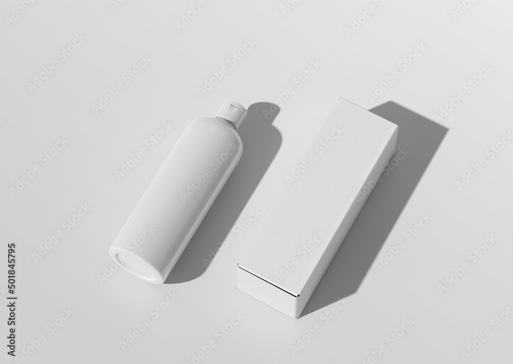 Large white plain blank cosmetic front open lid bottle with vertical paper box packaging on isolated background Large white plain blank cosmetic front open lid bottle with vertical paper box packaging on isolated background