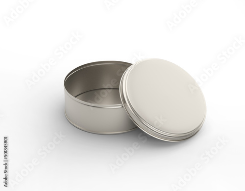Fotografiet Round plain empty blank steel metal food cookie container jar box on isolated ba