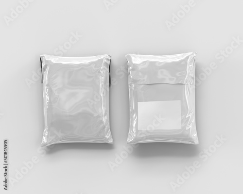 Front and back white plain blank glossy shipping mailer plastic bag on isolated background   photo