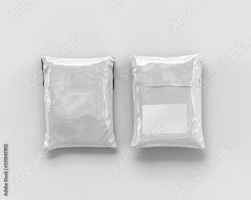 Front and back white plain blank glossy shipping mailer plastic bag on isolated background  