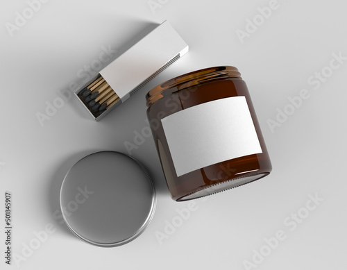 Amber glass empty blank label candle jar with white plain blank matchstick box on isolated background 