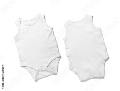 White plain blank front and back sleeveless baby onesie romper on isolated background