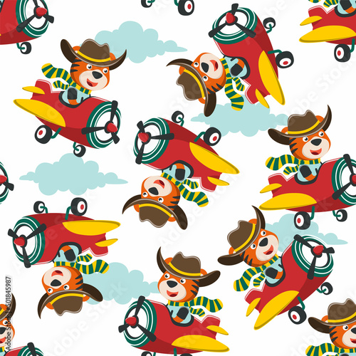Seamless pattern of Cute little tiger flying on a airplane. funny animal cartoon. Creative vector childish background for fabric textile, nursery wallpaper, poster, brochure. and other decoration.