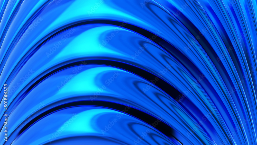 Blue chrome metallic background, shiny striped 3D metal abstract