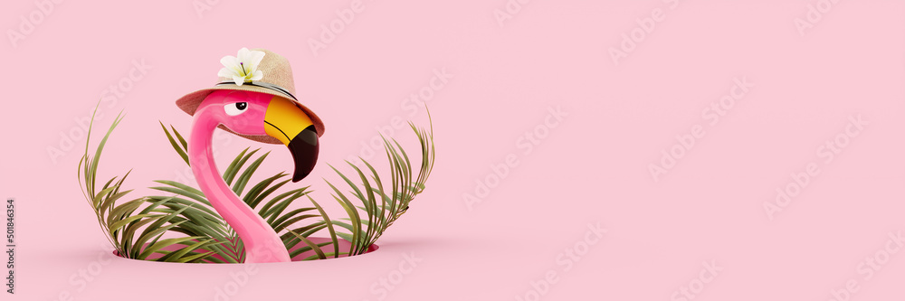 Pink flamingo with hat and palm leaf on pink summer background 3D Rendering, 3D Illustration - obrazy, fototapety, plakaty 