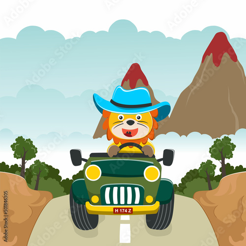 Cute lion cartoon having fun driving off road car on sunny day. Vector childish background for fabric textile, nursery wallpaper, card, poster and other decoration. Vector illustration.