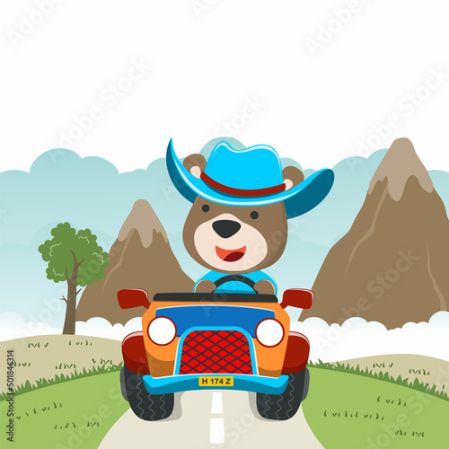Cute bear cartoon having fun driving off road car on sunny day. Vector childish background for fabric textile, nursery wallpaper, card, poster and other decoration. Vector illustration.