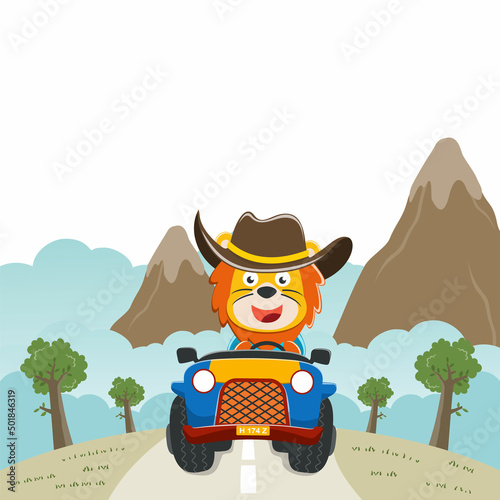 Cute lion cartoon having fun driving off road car on sunny day. Vector childish background for fabric textile, nursery wallpaper, card, poster and other decoration. Vector illustration.