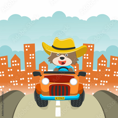 Cute bear cartoon having fun driving off road car on sunny day. Vector childish background for fabric textile, nursery wallpaper, card, poster and other decoration. Vector illustration.