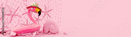 Tela Pink flamingo with starfish and seashell on pink summer background 3D Rendering,