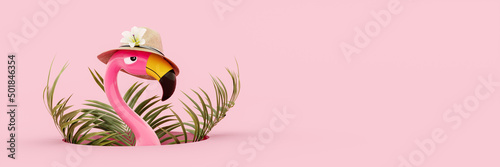 Pink flamingo with hat and palm leaf on pink summer background 3D Rendering, 3D Illustration photo