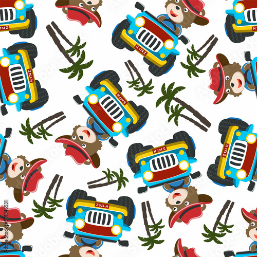 seamless pattern of cute bear having fun driving off road car on sunny day. Creative vector childish background for fabric, textile, nursery wallpaper, t-shirt print, kids wear, and other decoration.