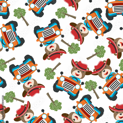 seamless pattern of cute bear having fun driving off road car on sunny day. Creative vector childish background for fabric, textile, nursery wallpaper, t-shirt print, kids wear, and other decoration.