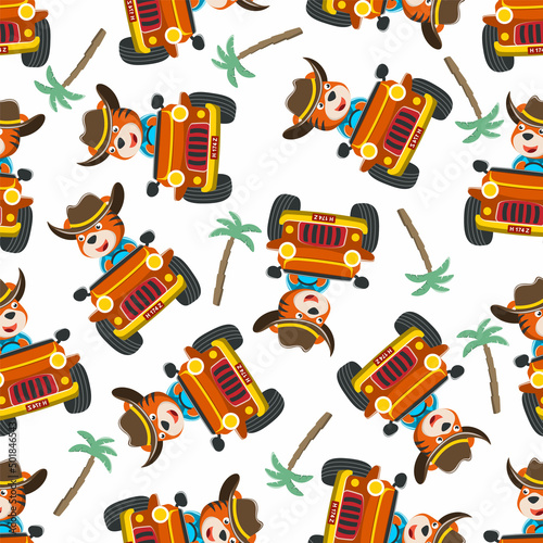 seamless pattern of cute tiger having fun driving off road car on sunny day. Creative vector childish background for fabric, textile, nursery wallpaper, t-shirt print, kids wear, and other decoration.