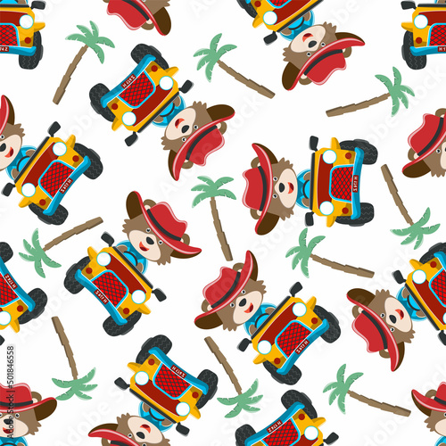 seamless pattern of cute bear having fun driving off road car on sunny day. Creative vector childish background for fabric, textile, nursery wallpaper, t-shirt print, kids wear, and other decoration.