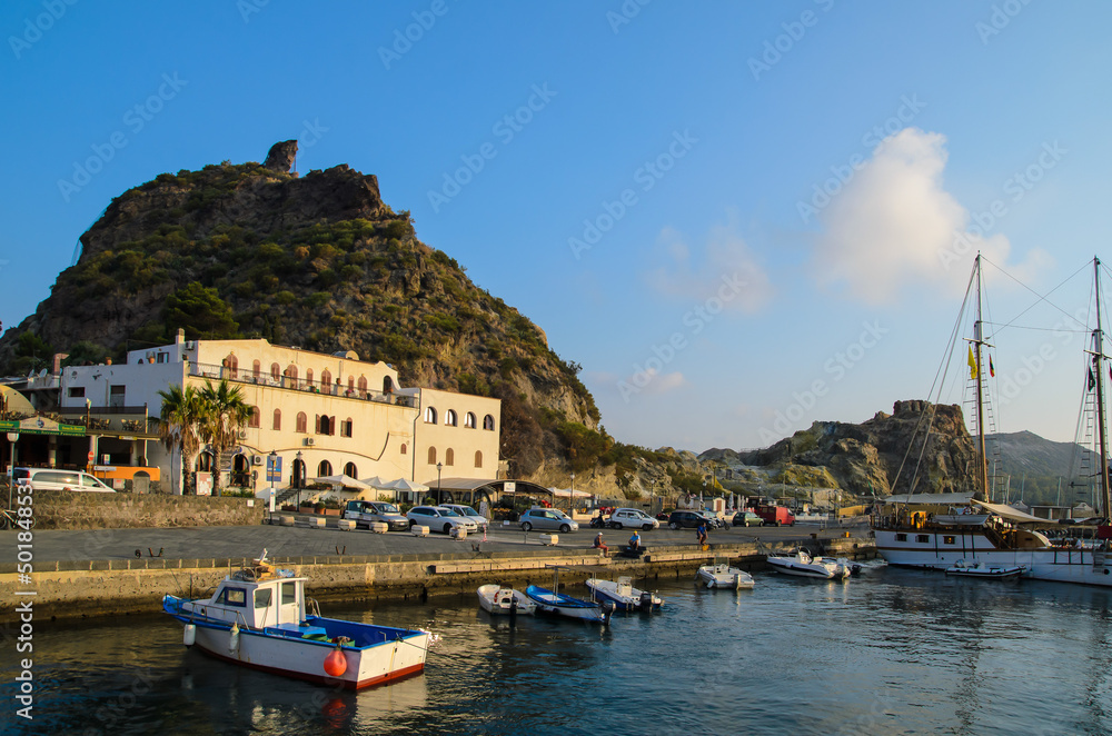 View of Vulcano Harbor, Sicily, Italy.