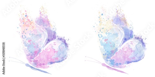 Set of two abstract butterflies with beautiful wings, consisting of blotches and splashes on an isolated white background. Watercolor illustration for designers, typography, books, cards, for print. © Nina Mateva