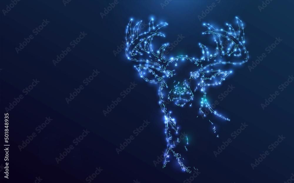 Starry deer, composed of blue neon lights and stars. Outline design in the form of space or universe. Contemporary technology style, holographic, modern.