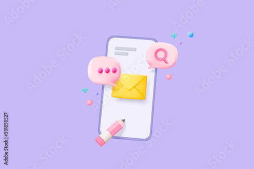 3d mail envelope icon with notification new message in mobile phone. Minimal email letter with pop up speech icon. message via smartphone concept 3d vector render isolated purple pastel background photo