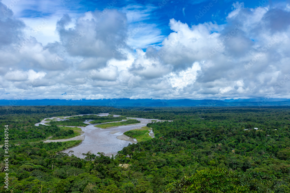 Ecuador Amazon Rainforest from above. Pastaza river, near viewpoint the indichuris. Puyo, Ecuador, South America. 