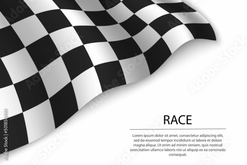 Waving checkered race flag on white background. Banner or ribbon