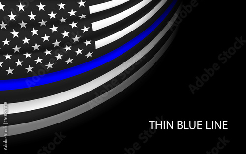 Waving flag of United States with Thin blue line on dark background