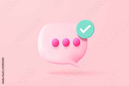 3D vector speech bubble with tick mark for photo gallery platform, online social conversation comment concept, emoji message, speech icons, chat with social media. 3d speak render vector illustration