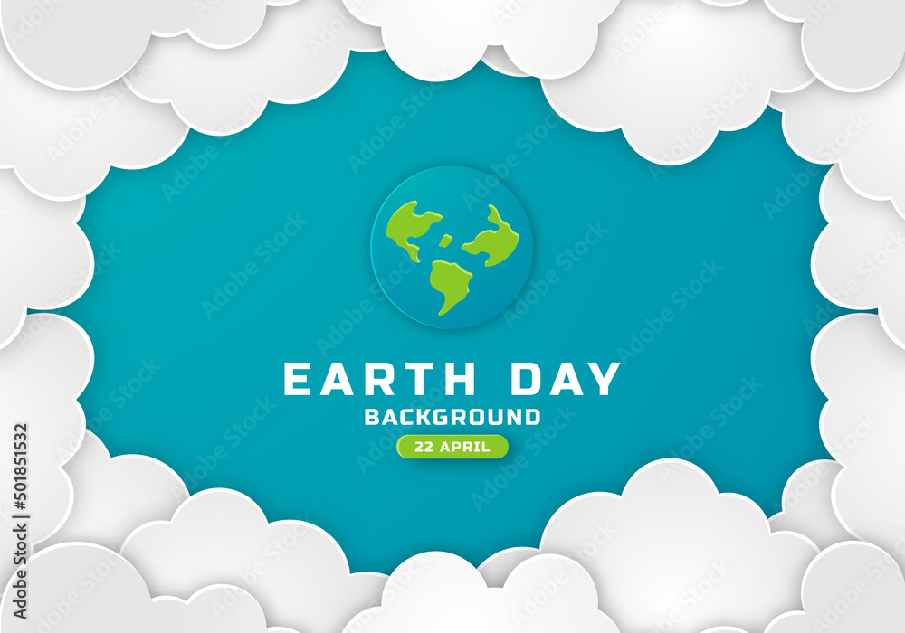 Earth Day Poster Banner with Paper Cut Clouds in Blue Sky Background with Green Leaves, Butterfly and Globe Vector. Place for Text Earth Day Poster Banner with Paper Cut Clouds in Blue Sky Background with Green Leaves, Butterfly and Globe Vector. Place for Text