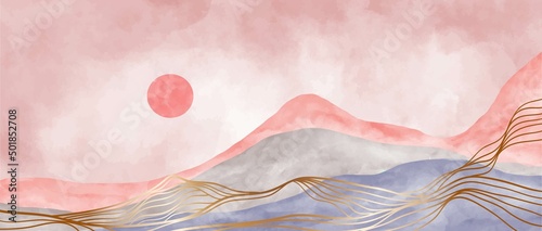 Mountain landscape with watercolor brush and golden line art print. Abstract mountain contemporary aesthetic backgrounds landscapes. vector illustrations