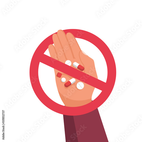 Stop pills. Refusal of the medicine. No pills. Person refuses treatment with pills. Vector illustration flat design. Isolated on white background. Stop gesture. Red sign.