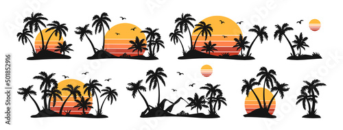 Silhouettes of palm trees and orange sun vector. set of palm trees and sunrise vector silhouette. tropical landscape mountains black vector illustration.eps	
