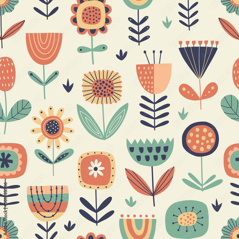 Seamless floral pattern in folk style. Hand-drawn vector background with stylized flowers. For textiles, clothing, bed linen, office supplies.