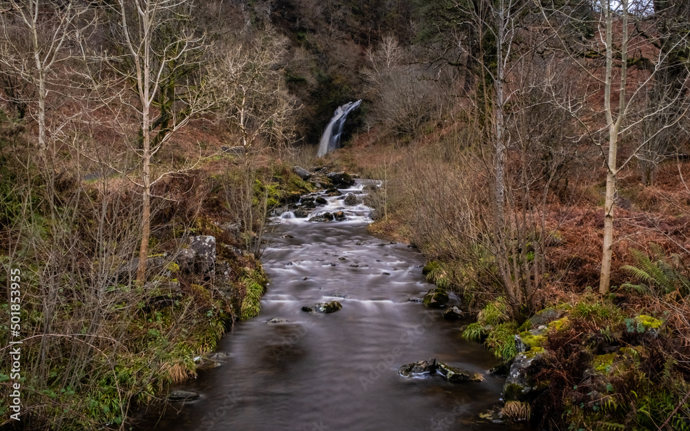 Fototapeta premium Grey Mare's Tail Waterfall and burn in winter, Galloway Forest Park, Scotland