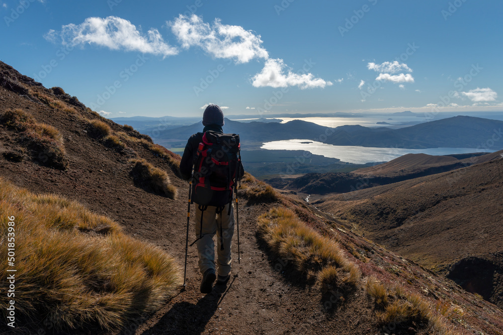 Hiking northern slope of Tongariro Alpine Crossing, Lake Rotoaira and Lake Taupo in the distance.